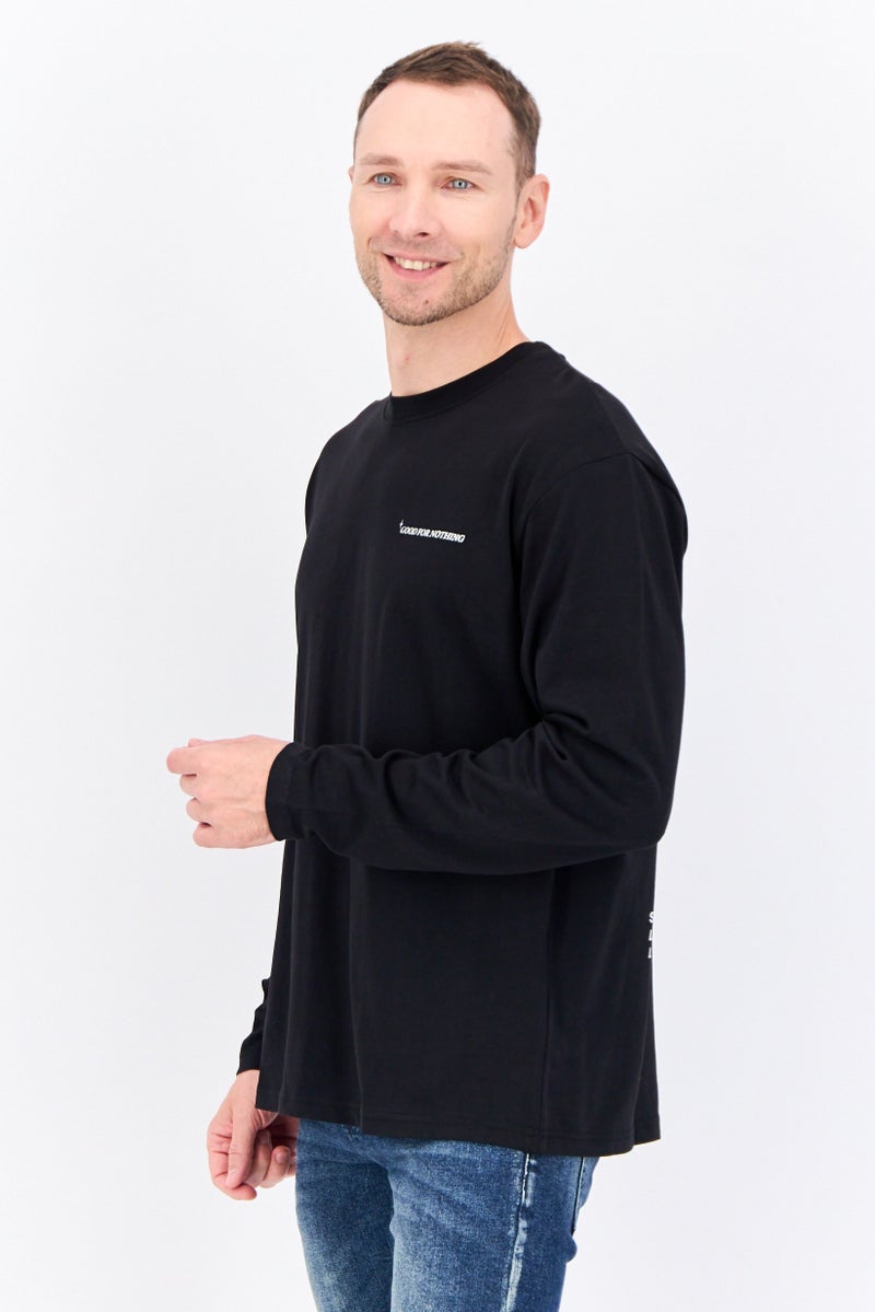 GOOD FOR NOTHING Men Oversized Crew Neck Long Sleeves Brand Logo T-shirt, Black - Image 2
