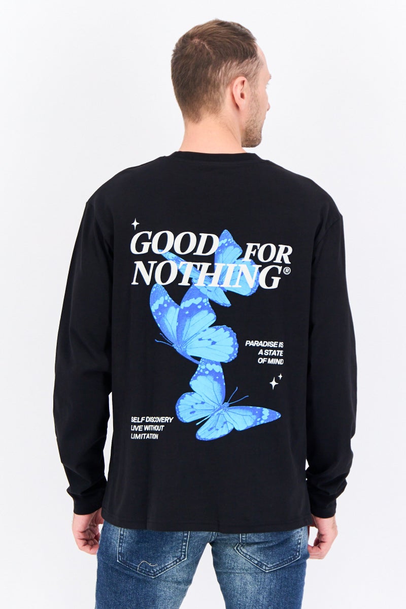 GOOD FOR NOTHING Men Oversized Crew Neck Long Sleeves Brand Logo T-shirt, Black - Image 3
