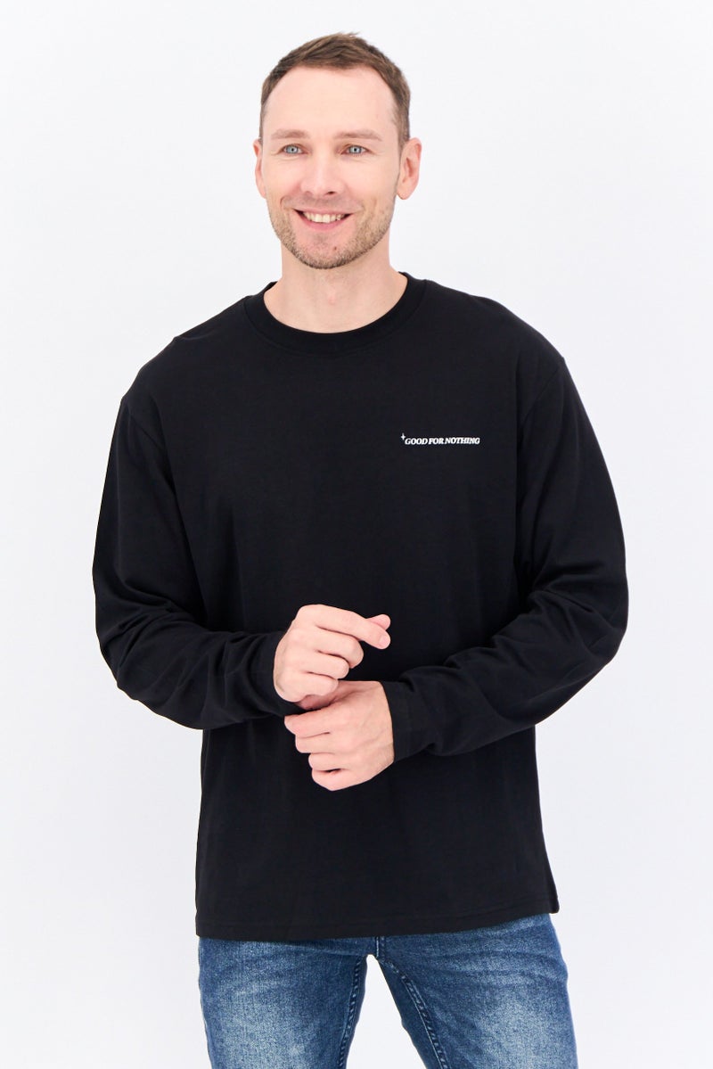 GOOD FOR NOTHING Men Oversized Crew Neck Long Sleeves Brand Logo T-shirt, Black - Image 1