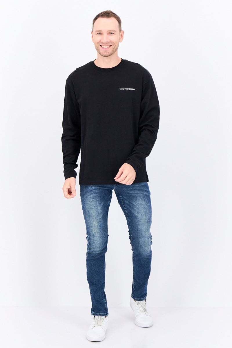 GOOD FOR NOTHING Men Oversized Crew Neck Long Sleeves Brand Logo T-shirt, Black - Image 4