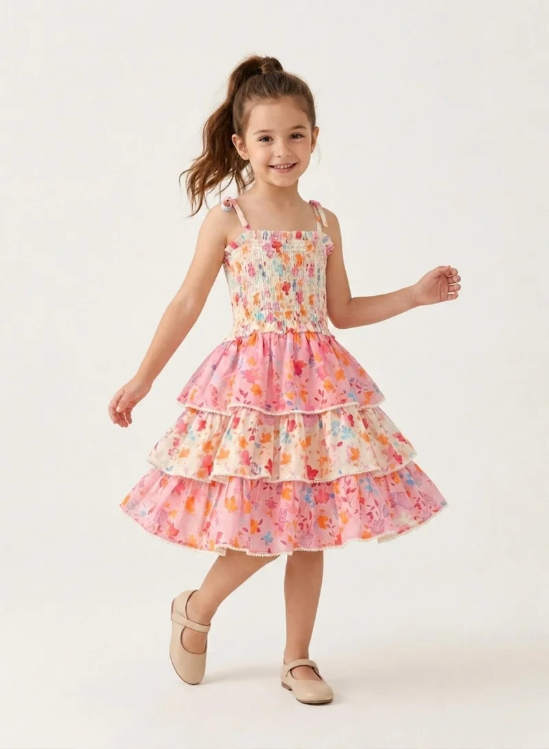 Luxe & Hardy Girls Floral Printed Layered Smocked Shoulder Straps Fit and Flare Dress