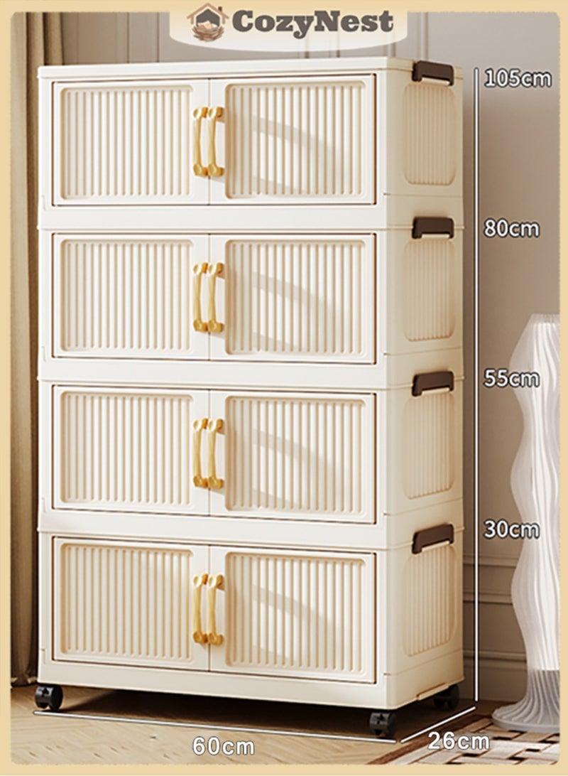 كوزينيست خزانة تخزين بلاستيكية قابلة للطي من 4 طبقات مع مقابض وباب مزدوج مغناطيسي وعجلات، عرض 60 سم، صندوق منظم قابل للتكديس باللون الأبيض الكريم للملابس، الألعاب، الكتب واللوازم المكتبية - Image 1