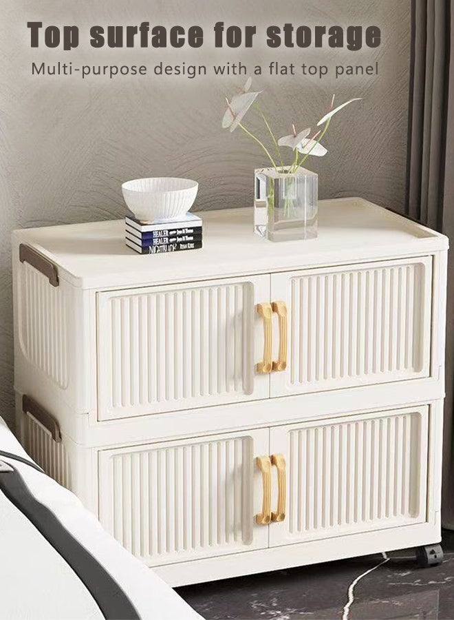 كوزينيست خزانة تخزين بلاستيكية قابلة للطي من 4 طبقات مع مقابض وباب مزدوج مغناطيسي وعجلات، عرض 60 سم، صندوق منظم قابل للتكديس باللون الأبيض الكريم للملابس، الألعاب، الكتب واللوازم المكتبية - Image 4