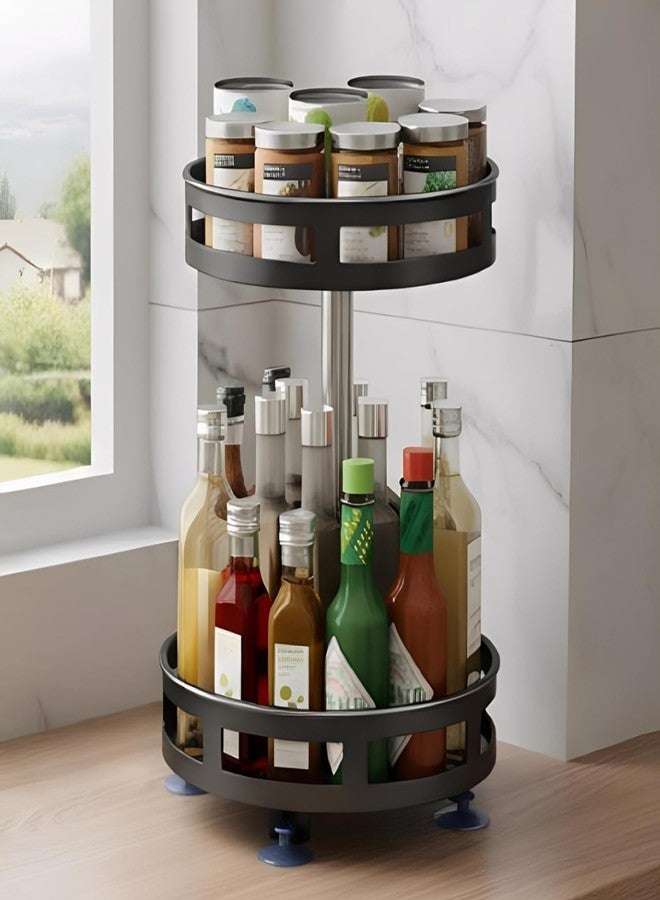 JD FRESH 2-Tier 360° Rotating Spice Rack Organiser/Multifunctional Spice Rack/Table Top Storage Rack/Non-Slip Spice Holder Organizer for Kitchen/Living Room- (Black, Round) - Image 1