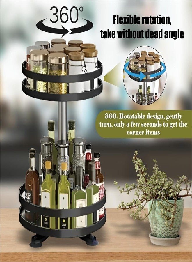 JD FRESH 2-Tier 360° Rotating Spice Rack Organiser/Multifunctional Spice Rack/Table Top Storage Rack/Non-Slip Spice Holder Organizer for Kitchen/Living Room- (Black, Round) - Image 4