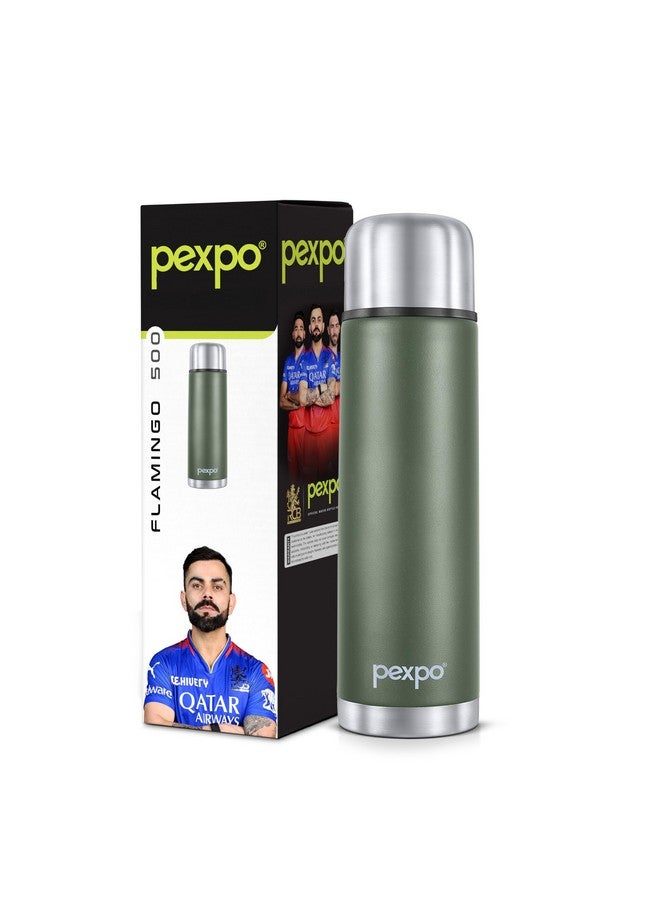 Pexpo Flamingo ISI Certified Vacuum Insulated Hot & Cold Stainless Steel Water Bottle with Jute Bag- 500ml, Military Green|2 Year Warranty|Thermoflask|Ideal for School, Office, Travelling| RCB Edition - Image 1