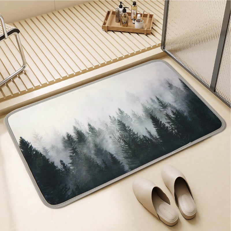 ORTIGIA Misty Forest Bathroom Rug 16x24 Black Thin Bath Mat Doormat Floor Mat Absorbent Quick Dry Non Slip Diatomaceous Mud Mats with Rubber Backing for Shower Tub Sink Laundry Kitchen Doorway