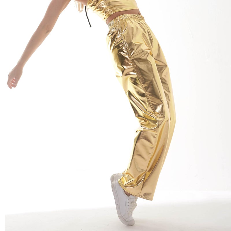 NewL Women Shiny Hip Hop Trousers Metallic Wetlook Wide Leg Pants Retro Disco Hippie Club Straight Leg Pants Streetwear (L, Gold) - Image 3