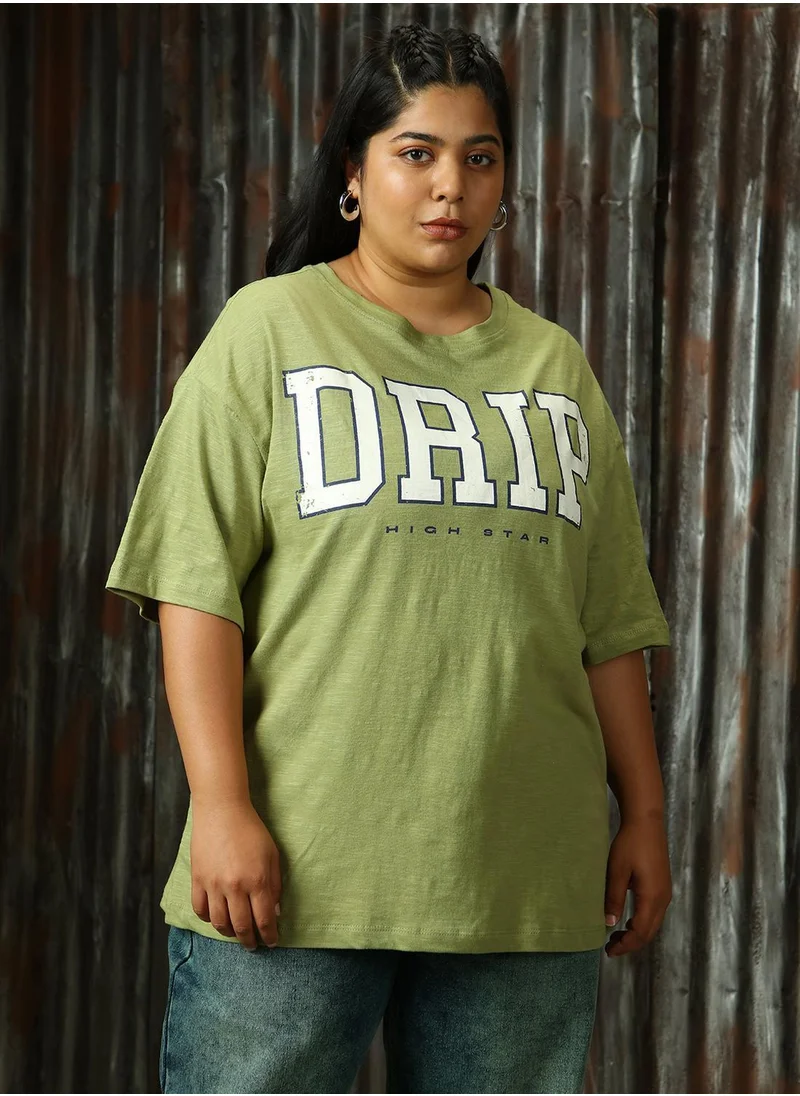 هاي ستار Women's Sage Green 100% Cotton Printed Plus Size T-Shirt