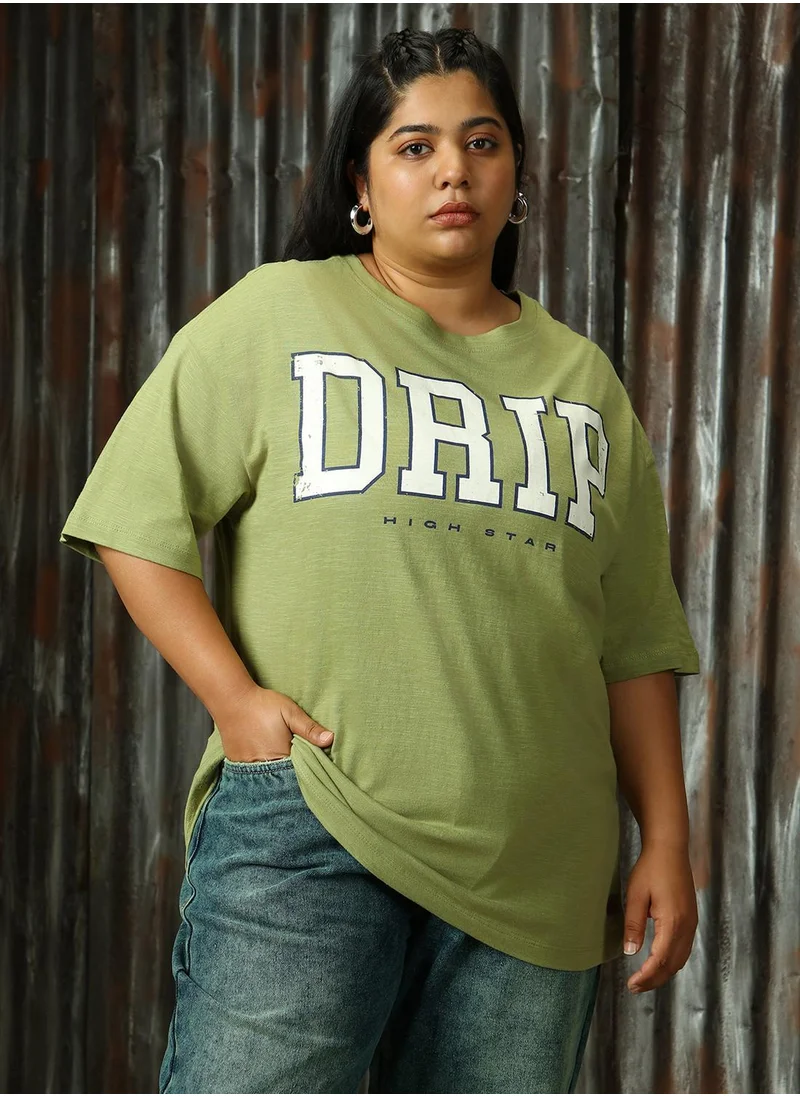 هاي ستار Women's Sage Green 100% Cotton Printed Plus Size T-Shirt
