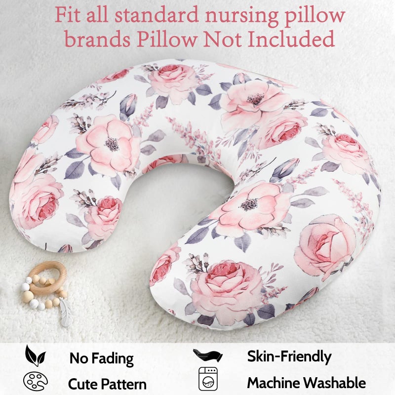 SWESEN Nursing Pillow Cover Girls, Floral Breastfeeding Pillow Cover for Baby, Snug Fits Newborn Nursing Pillow Case, Super Soft Breathable, Pink Flower - Image 5