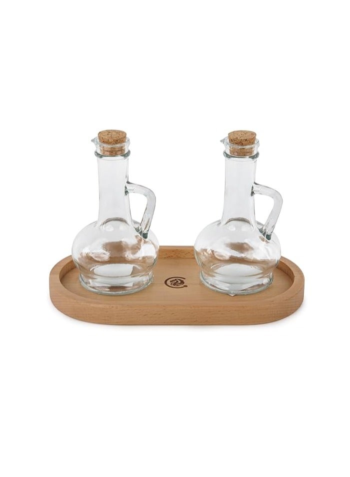 Oil And Vinegar Bottle Set of 2 Bottle (250ml) With Beech Wood Tray  - Image 1