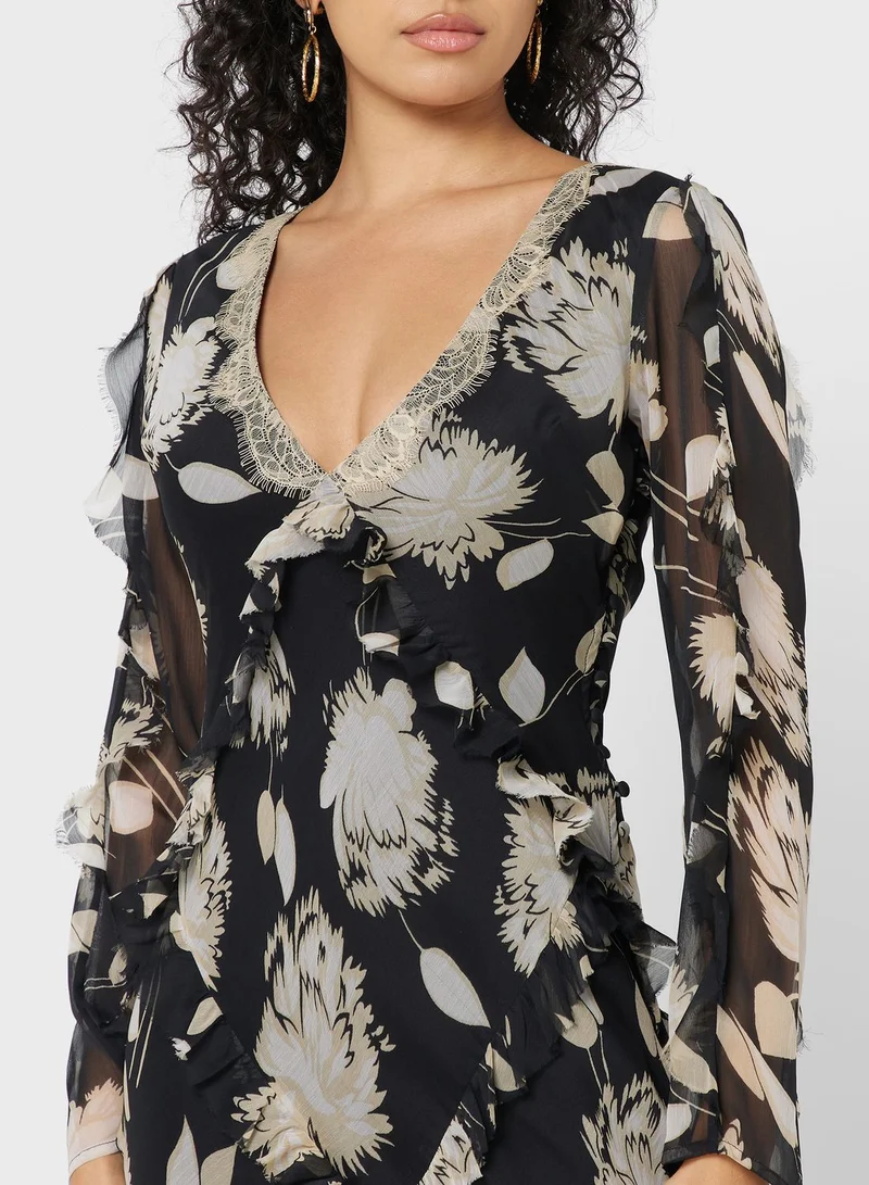 WAREHOUSE Lace Detail Floral Print Dress