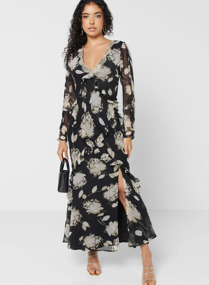 WAREHOUSE Lace Detail Floral Print Dress