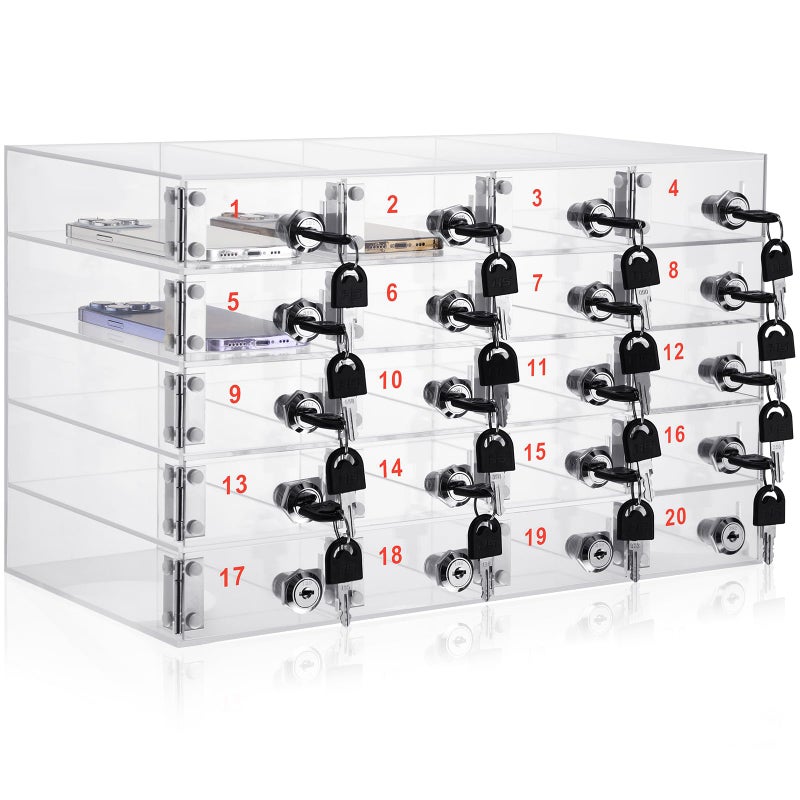 Layhit 15 Slots Cell Phone Locker Box for Classroom Clear Acrylic Cell Phone Storage Cabinet Bin with Door Locks for Classroom School Students Office Factory Employees