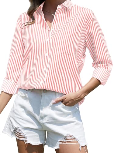 CUNLIN Peach Shirts for Women Salmon Button Down Shirt Long Sleeve Boyfriend Womens Blouse Blouses Fashion Up Tops Fall Peach Size S - Image 1