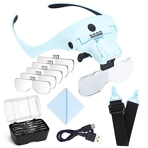 YOCTOSUN Magnifying Glasses with Light for Close Work Head Magnifier with 4 LED Lights and 5 Detachable Lenses 1X to 35XRechargeable Hands Free Headband Magnifier Glasses for Crafts Hobby