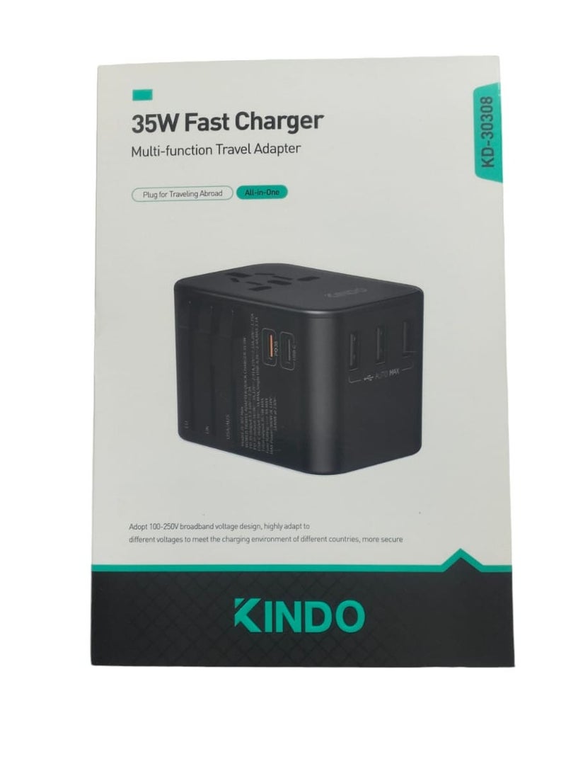 KINDO - Universal Travel Adapter, International Charger with 3 USB Ports & Type-C PD Charging Adaptor for Cellphones,Laptop, All in One Travel Plug Adapter - Image 1