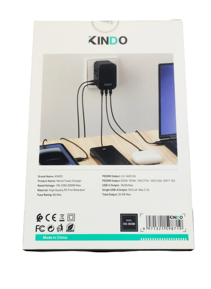 KINDO - Universal Travel Adapter, International Charger with 3 USB Ports & Type-C PD Charging Adaptor for Cellphones,Laptop, All in One Travel Plug Adapter - Image 1