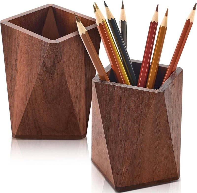 Henoyso 2 Pcs Wood Pen Pencil Holder Geometric Pencil Cup Stand Makeup Organizer for Pen Holder Desk Home Office AdultsBlack Walnut - Image 1