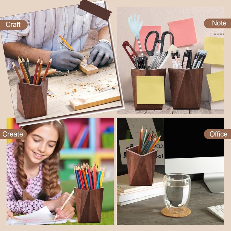 Henoyso 2 Pcs Wood Pen Pencil Holder Geometric Pencil Cup Stand Makeup Organizer for Pen Holder Desk Home Office AdultsBlack Walnut - Image 5