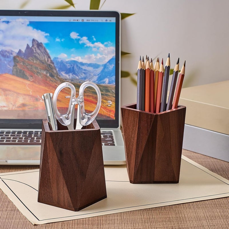 Henoyso 2 Pcs Wood Pen Pencil Holder Geometric Pencil Cup Stand Makeup Organizer for Pen Holder Desk Home Office AdultsBlack Walnut - Image 3
