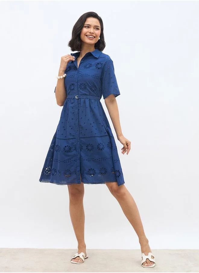 ستايلي Styli Schiffli Short Sleeve Shirt Mini Dress