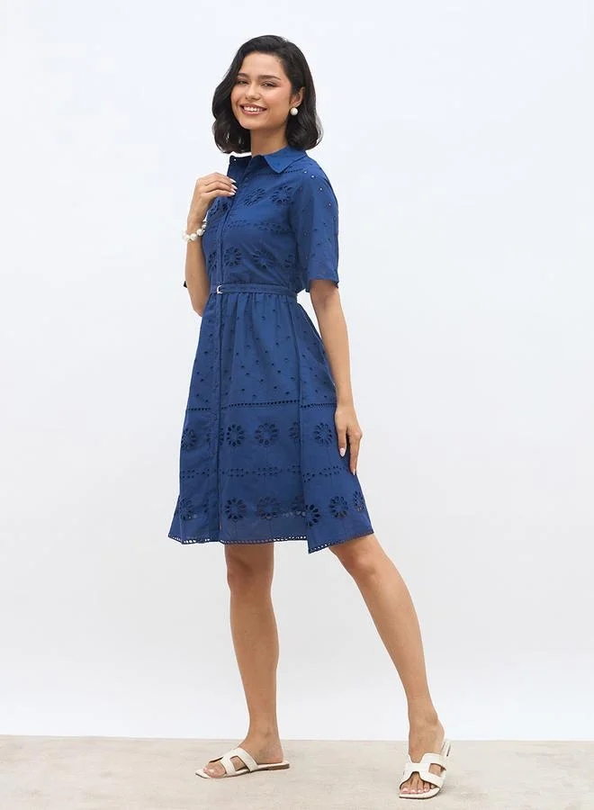 Styli Styli Schiffli Short Sleeve Shirt Mini Dress