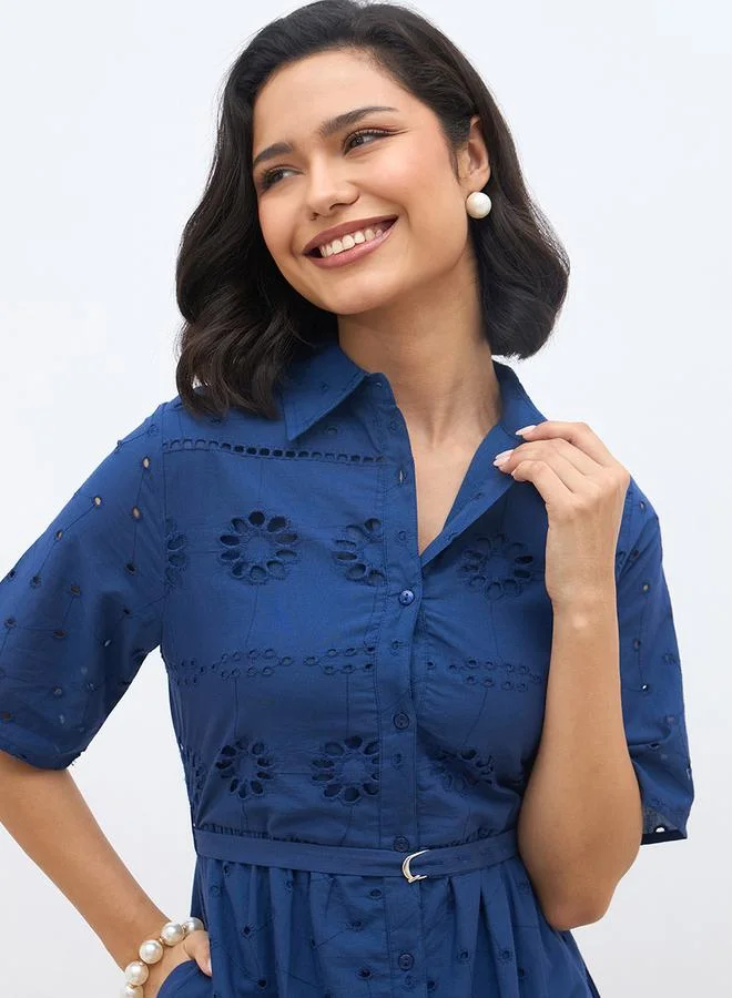 Styli Styli Schiffli Short Sleeve Shirt Mini Dress