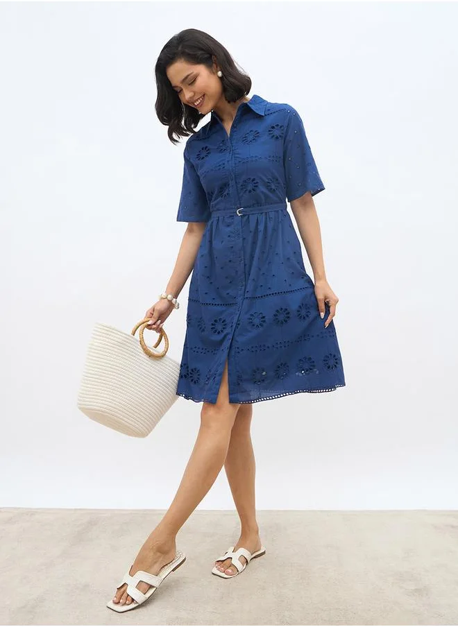 ستايلي Styli Schiffli Short Sleeve Shirt Mini Dress