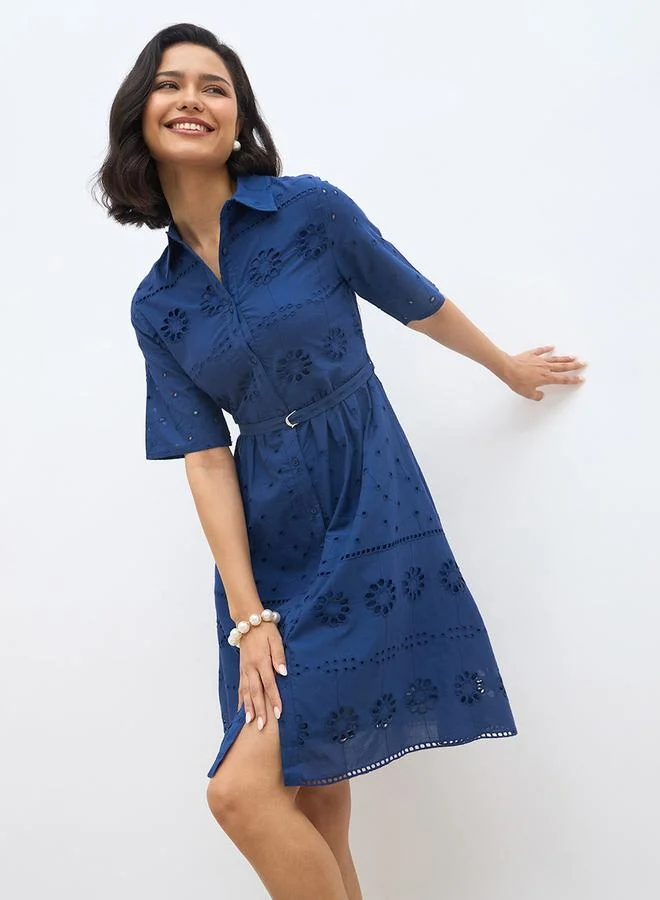 Styli Styli Schiffli Short Sleeve Shirt Mini Dress