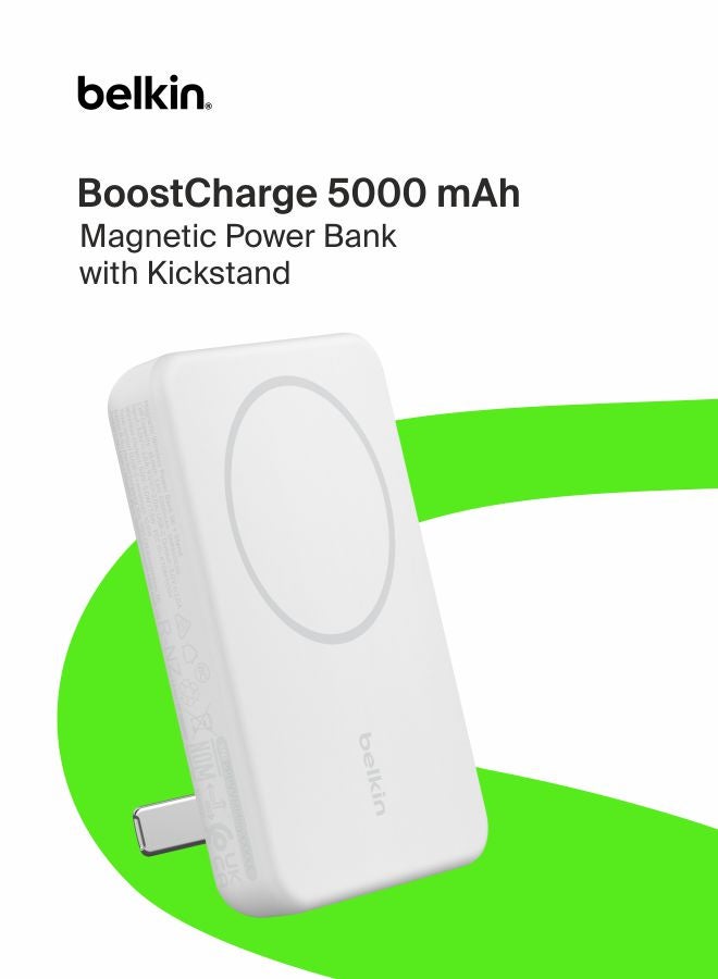 بيلكين بنك الطاقة اللاسلكي المغناطيسي 5K + حامل Kick Stand باللون الأبيض لون أبيض - Image 1