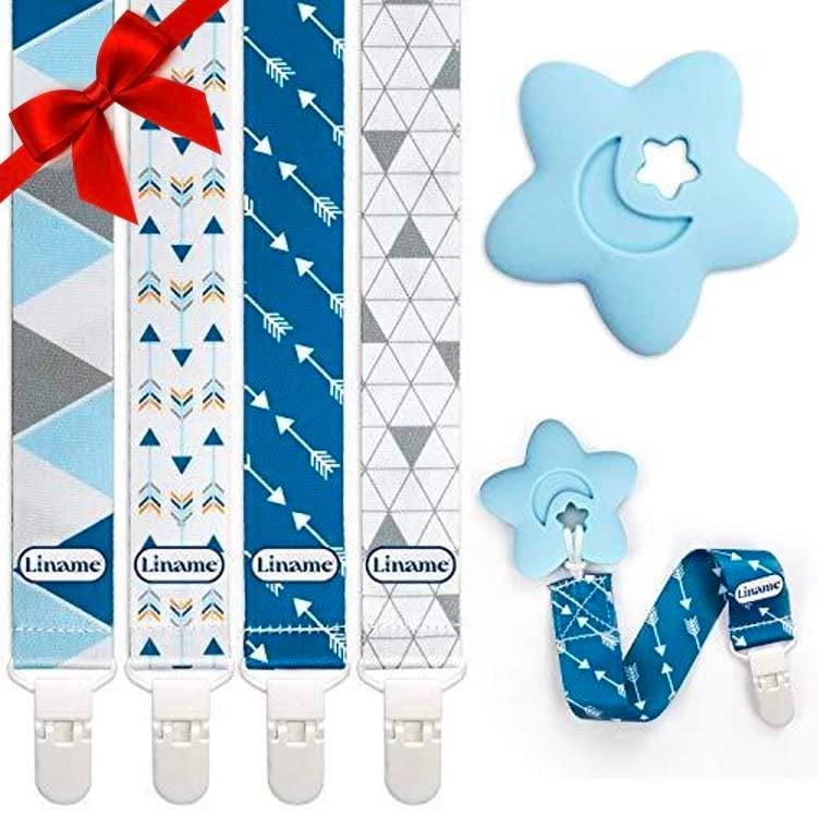 Liname Neutral Pacifier Clip with Teething Toy 4 Pack Pacifier Clips for Boys Girls Binky Holder Soothie Paci Clip Binkie Clip Unisex Pacifer Clip Baby Pacifier Clip and Pacifier Holder
