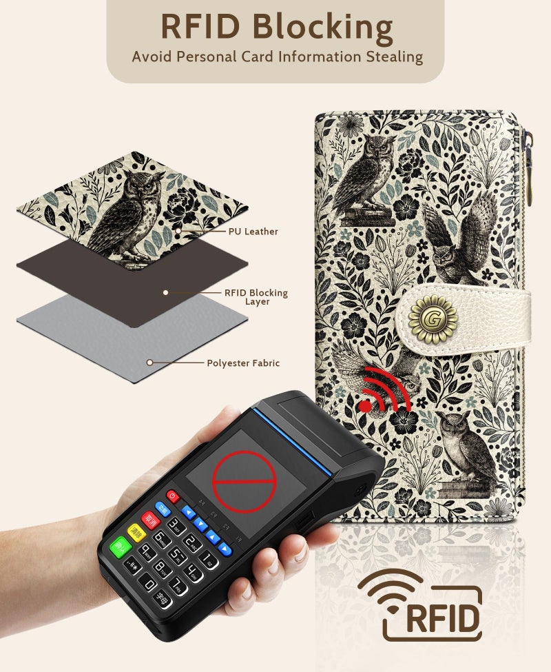 GIANCOMICS Owl Womens Wallet RFID Blocking, Credit Card Holder Bifold, PU Leather Travel Billfold, Long Cash Purse, Zipper Coin Pocket Clutch, 1 ID Window, 11 Card Slots, Ladies Gift Woman - Image 4
