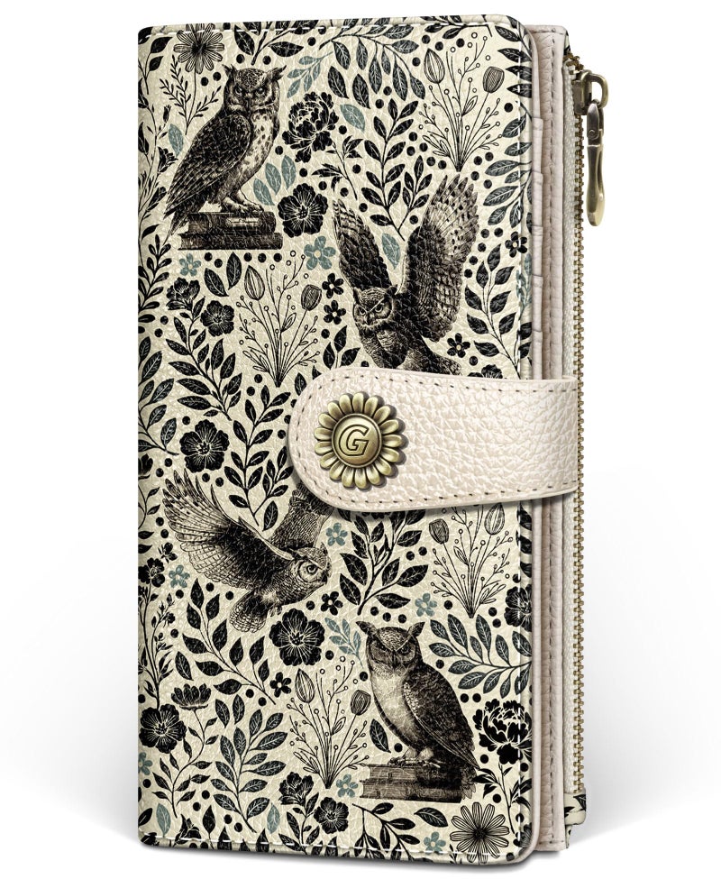 GIANCOMICS Owl Womens Wallet RFID Blocking, Credit Card Holder Bifold, PU Leather Travel Billfold, Long Cash Purse, Zipper Coin Pocket Clutch, 1 ID Window, 11 Card Slots, Ladies Gift Woman - Image 1