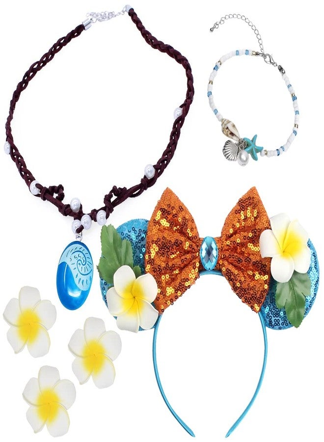 Yosbabe Girls Moana Dress up Accessories Moana Necklace Headband Bracelet Flower Hiar Clip Moana Costume Accessories Halloween Christmas Party Favors for Kids (Blue) - Image 1