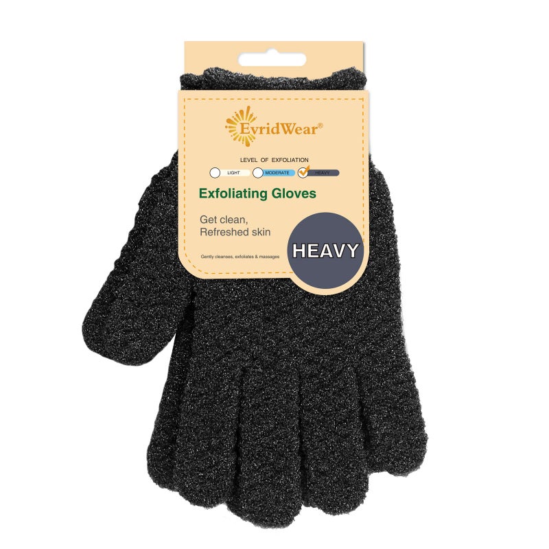Evridwear Exfoliating Dual Texture Bath Gloves for Shower, Spa, Massage and Body Scrubs, Dead Skin Cell Remover, Gloves with Hanging Loop (1 Pair Black Heavy Glove) - Image 1