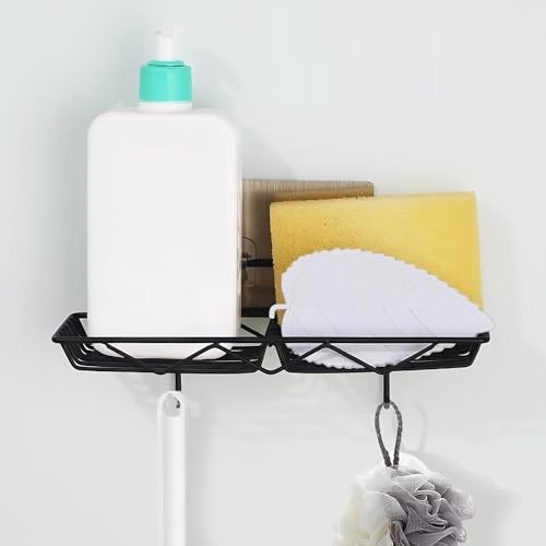 Zurato Wall Mounted Soap Dish Holder with 2 Hook, Iron Punch-Free Wall Hanging Bathroom Storage Rack with Double Hook and Self Adhesive Sticker - Black - Image 1