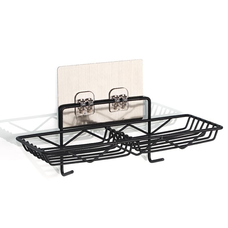Zurato Wall Mounted Soap Dish Holder with 2 Hook, Iron Punch-Free Wall Hanging Bathroom Storage Rack with Double Hook and Self Adhesive Sticker - Black - Image 2