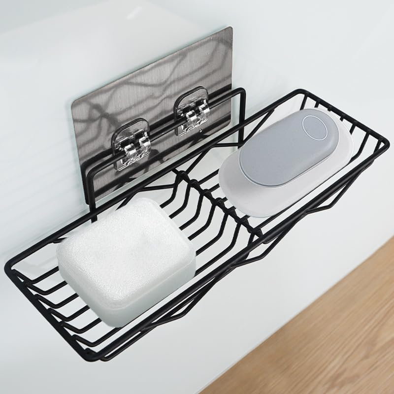 Zurato Wall Mounted Soap Dish Holder with 2 Hook, Iron Punch-Free Wall Hanging Bathroom Storage Rack with Double Hook and Self Adhesive Sticker - Black - Image 3
