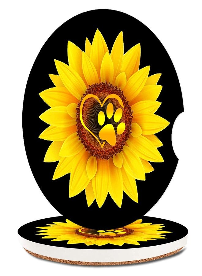 ZHIZHEND Ceramic Cup Holders Car Coasters for Women/Men,Cute Love Pattern Absorbent Drink Cup Car Holder Coasters with A Finger Notch 2.56" Pack of 2,Sunflower Dog Paw - Image 1