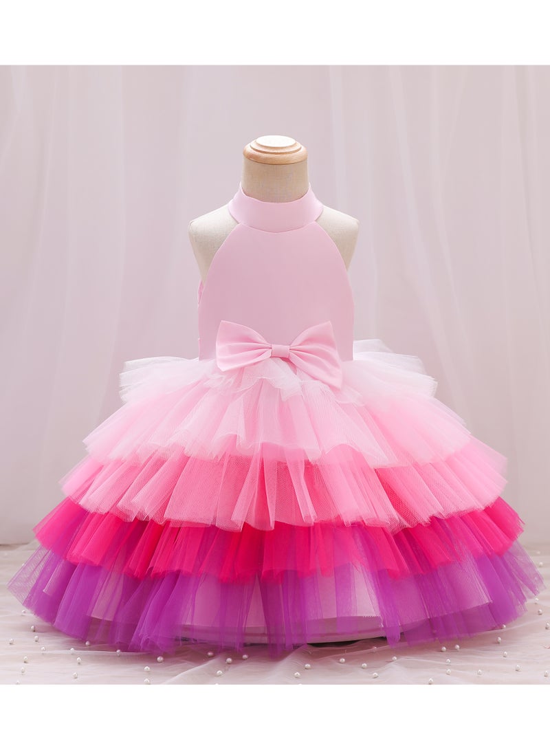 D'Daniela Brisget Girls Bow Front Side Layered Dress - Pink - Image 1