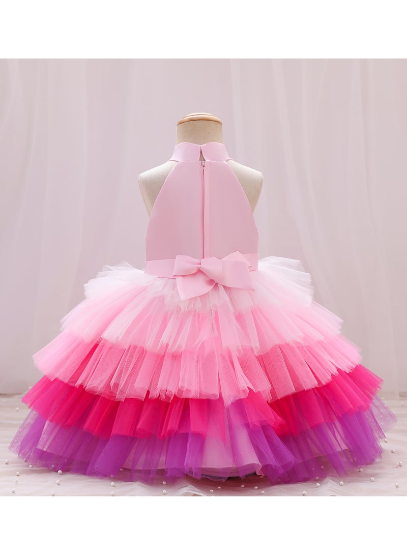 D'Daniela Brisget Girls Bow Front Side Layered Dress - Pink - Image 3
