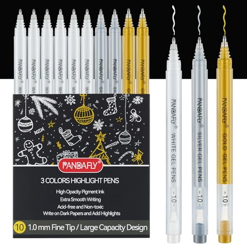 PANDAFLY Gold Silver White Gel Pens, 10 Pack, 1mm Extra Fine Point Gel Ink Pen, Opaque White Archival Ink Pens for Black Paper Drawing, Sketching, Card Making - Image 1