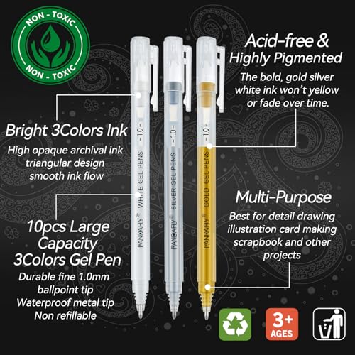 PANDAFLY Gold Silver White Gel Pens, 10 Pack, 1mm Extra Fine Point Gel Ink Pen, Opaque White Archival Ink Pens for Black Paper Drawing, Sketching, Card Making - Image 3
