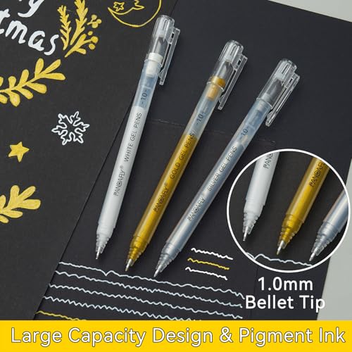 PANDAFLY Gold Silver White Gel Pens, 10 Pack, 1mm Extra Fine Point Gel Ink Pen, Opaque White Archival Ink Pens for Black Paper Drawing, Sketching, Card Making - Image 2