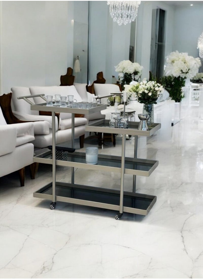 fan baytk - 4 Tier Serving Trolley in Silver with Black Glass - Perfect for Events and Home Use Dimensions: 80cm L x 80cm H x 35cm W. - Image 1