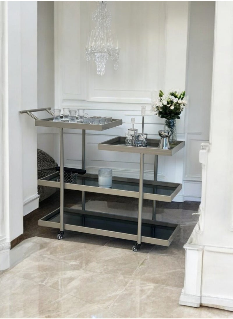 fan baytk - 4 Tier Serving Trolley in Silver with Black Glass - Perfect for Events and Home Use Dimensions: 80cm L x 80cm H x 35cm W. - Image 1