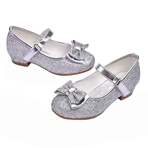 Stelle Girls Dress Shoes Glitter Princess Shoe Flower Mary Jane Low Heels Party Wedding Prom Footwear for Toddler Kids(T08-Silver, 1ML) - Image 1