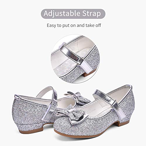 Stelle Girls Dress Shoes Glitter Princess Shoe Flower Mary Jane Low Heels Party Wedding Prom Footwear for Toddler Kids(T08-Silver, 1ML) - Image 3